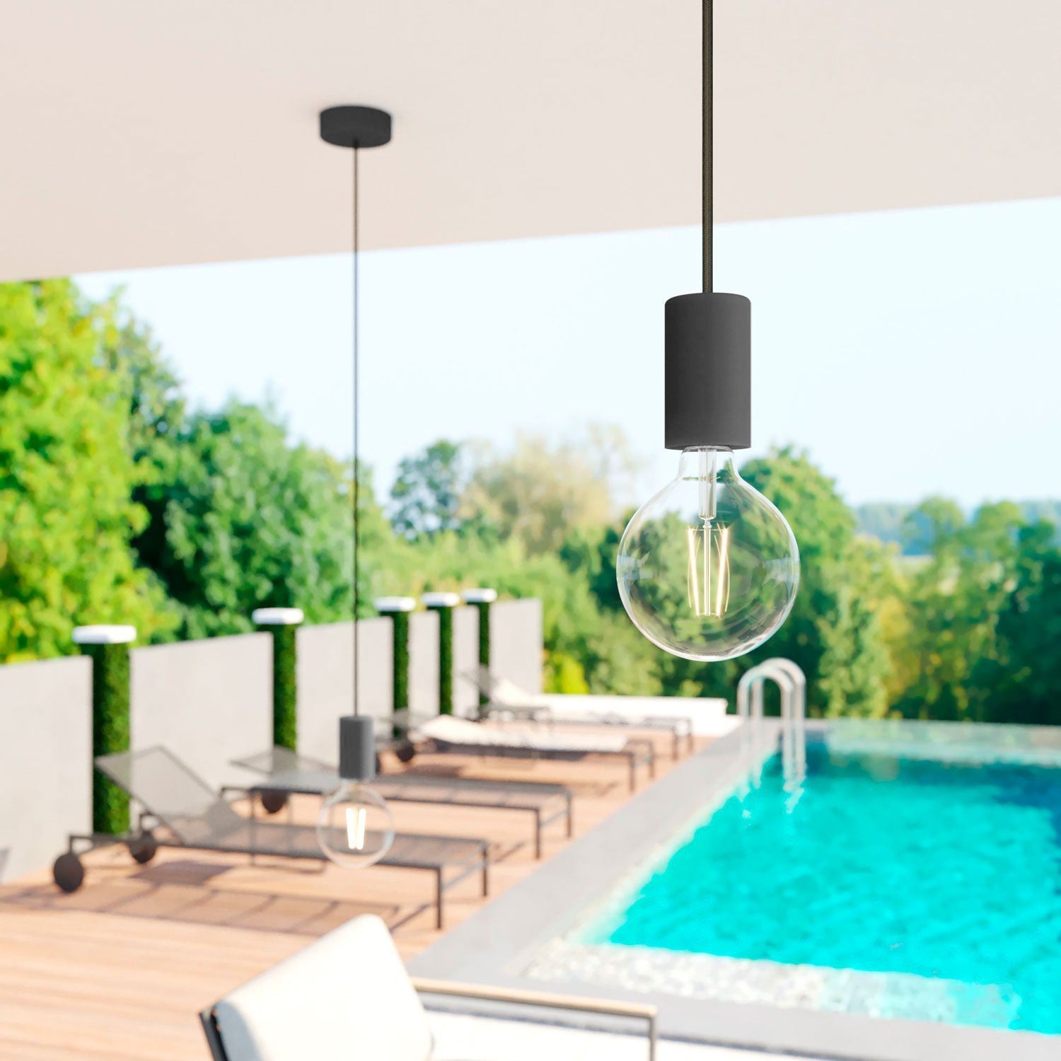 Modulair ELEGANT Lampada da esterno con 1,5 m cavo tessile, rosone e portalampada in silicone IP65 waterproof - Nero