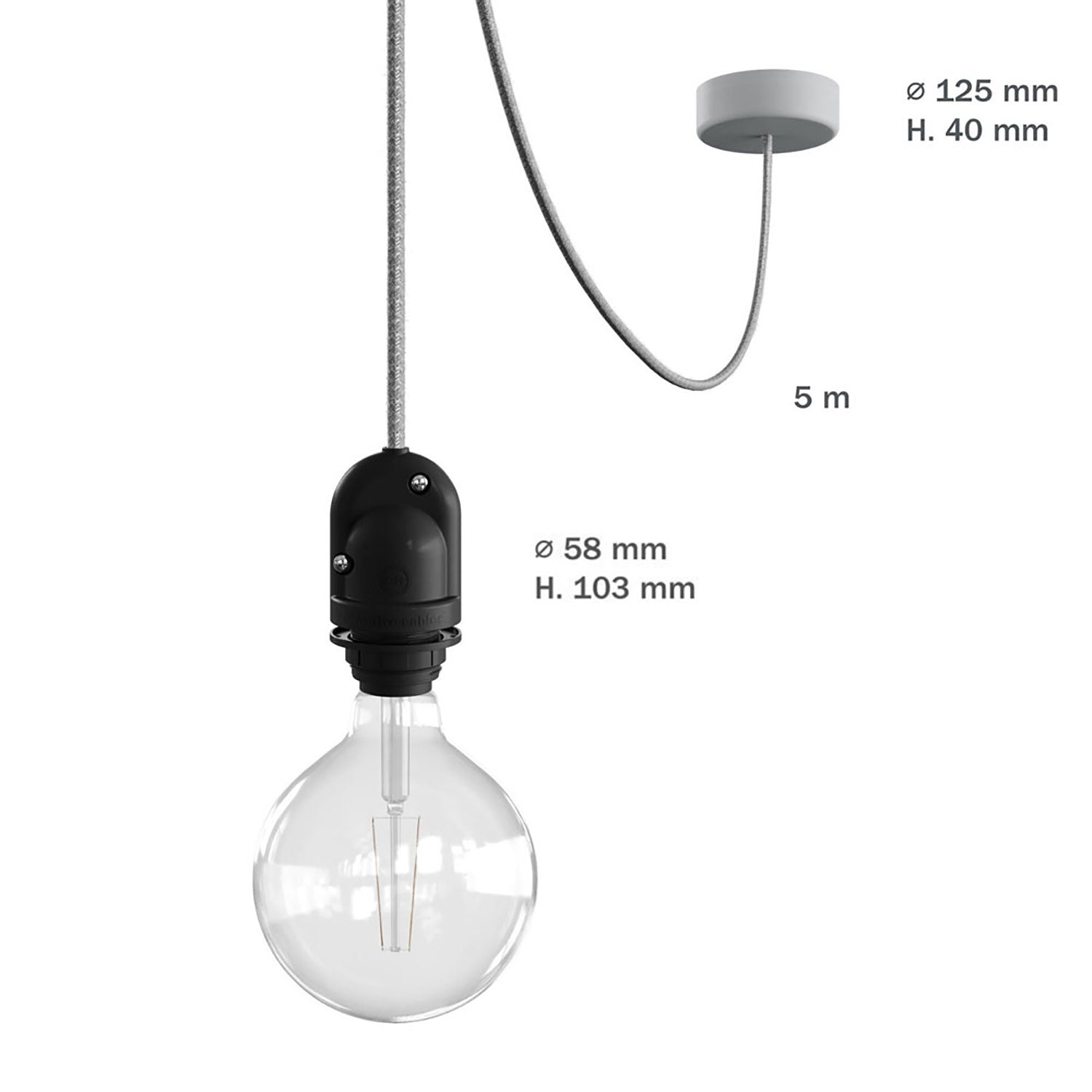 Modulair Lampada da esterno per paralume con 5 m cavo tessile, decentatore, rosone e portalampada IP65 - Grigio ghiaccio