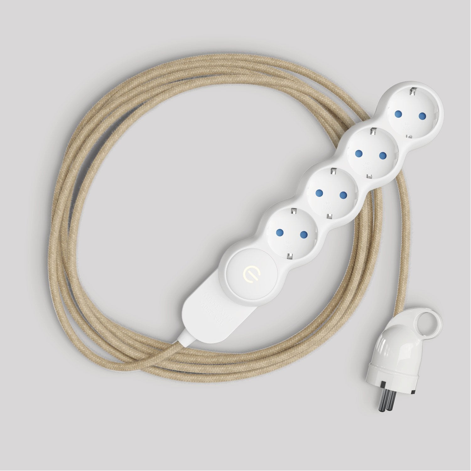 Multipresa tedesca con cavo in juta di colore neutro e spina Schuko con anello comfort - Creative Cables