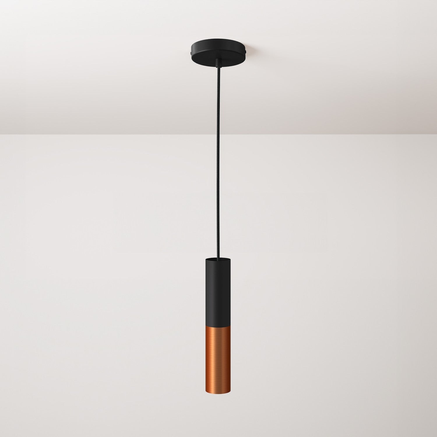 Lampada a sospensione completa di cavo tessile e doppio paralume Tub-E14 - Nero e Rame satinato