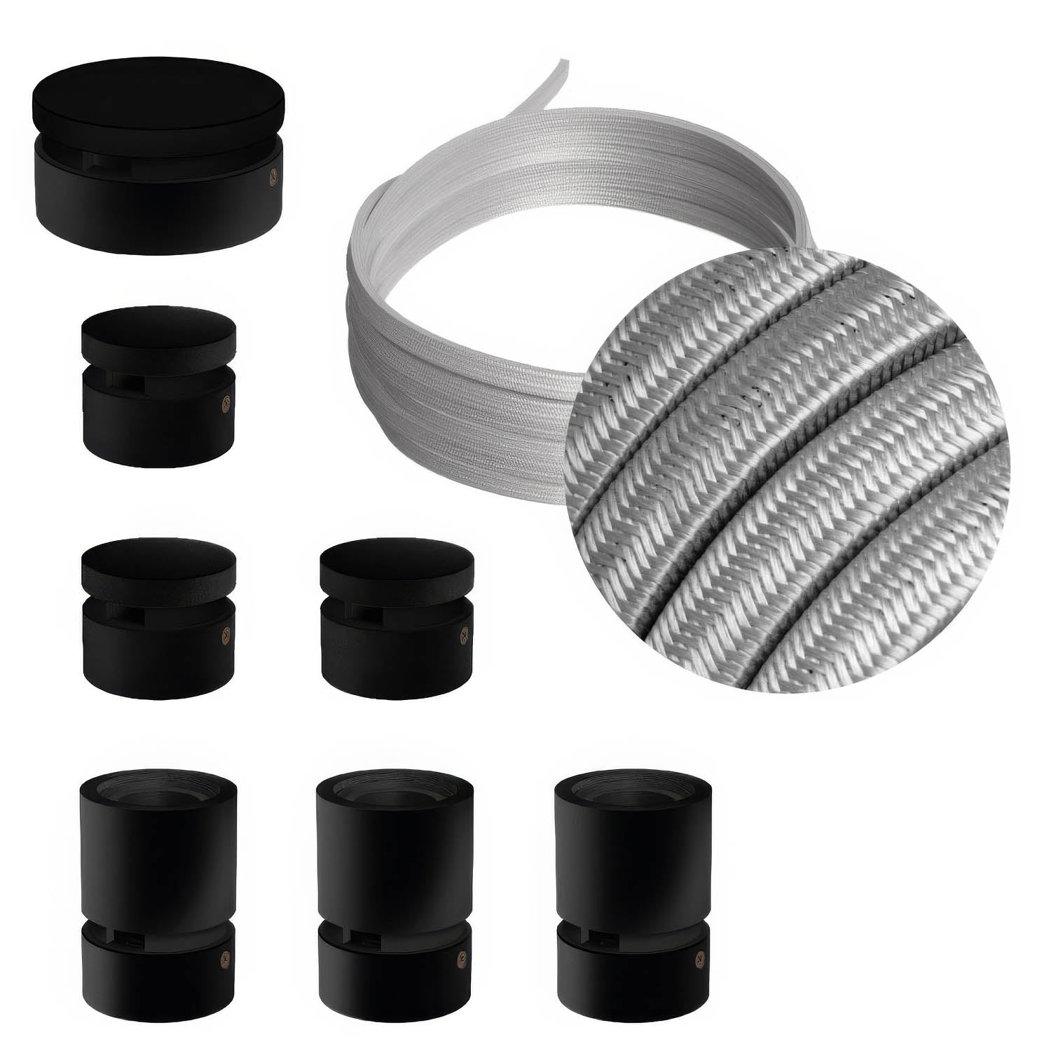 Sistema Filé Linear Kit - con cavo CM02 di 5 m per catenaria e 7 componenti in legno verniciato nero per interni - Creative Cables