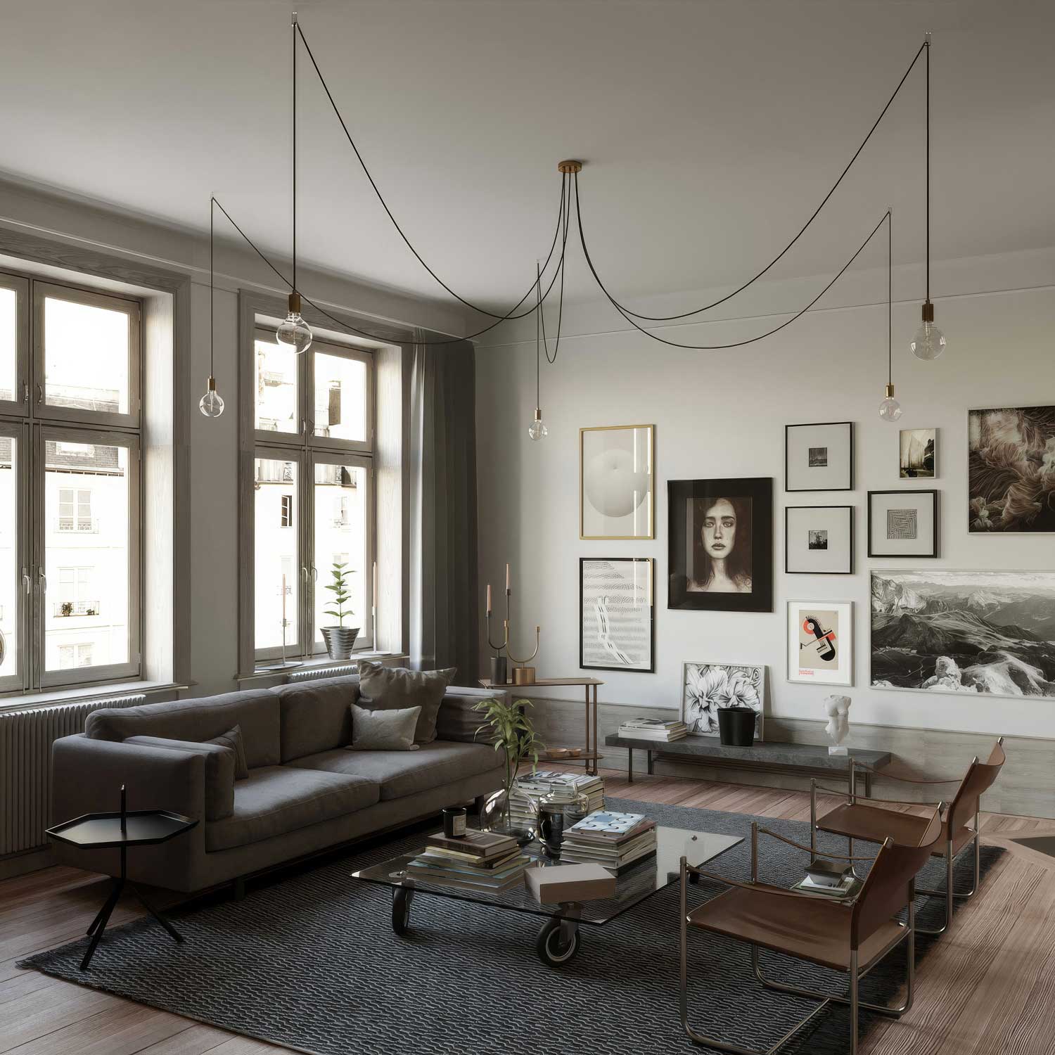 Spider - Lampada a sospensione multipla a 5 cadute con finiture in metallo - Ottone - Creative Cables