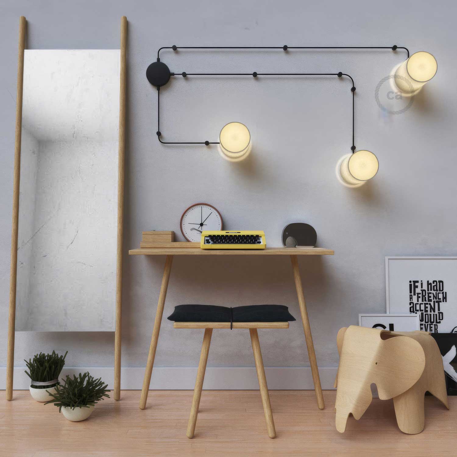 Spostaluce, il punto luce in metallo completo di portalampada E27 filettato, cavo tessile e fori laterali - Nero - Creative Cables