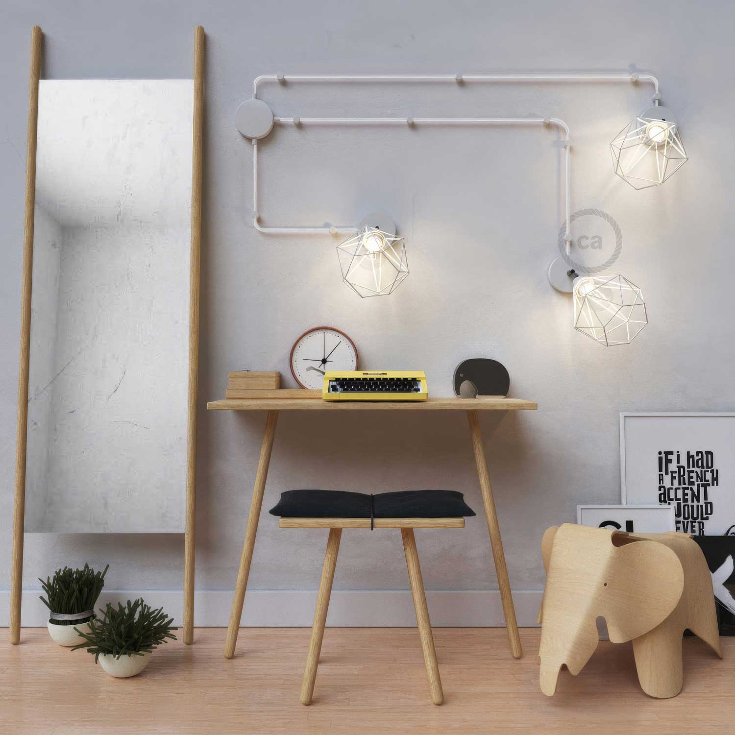 Spostaluce Metallo 90° orientabile, completo di portalampada E27 filettato, cavo tessile e fori laterali - Bianco - Creative Cables